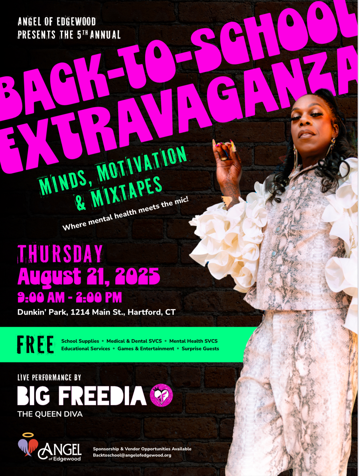 IMG_7780 Promotional flyer for Angel of Edgewood’s 5th Annual Back-to-School Extravaganza featuring performer Big Freedia, with event date, time, location, and service details including free school supplies, health services, and entertainment.